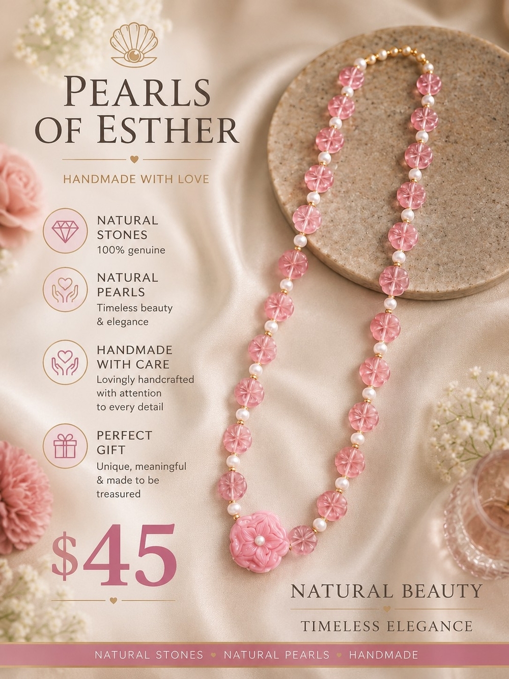 Pink Floral Pearl Necklace - Handmade Women’s Jewelry